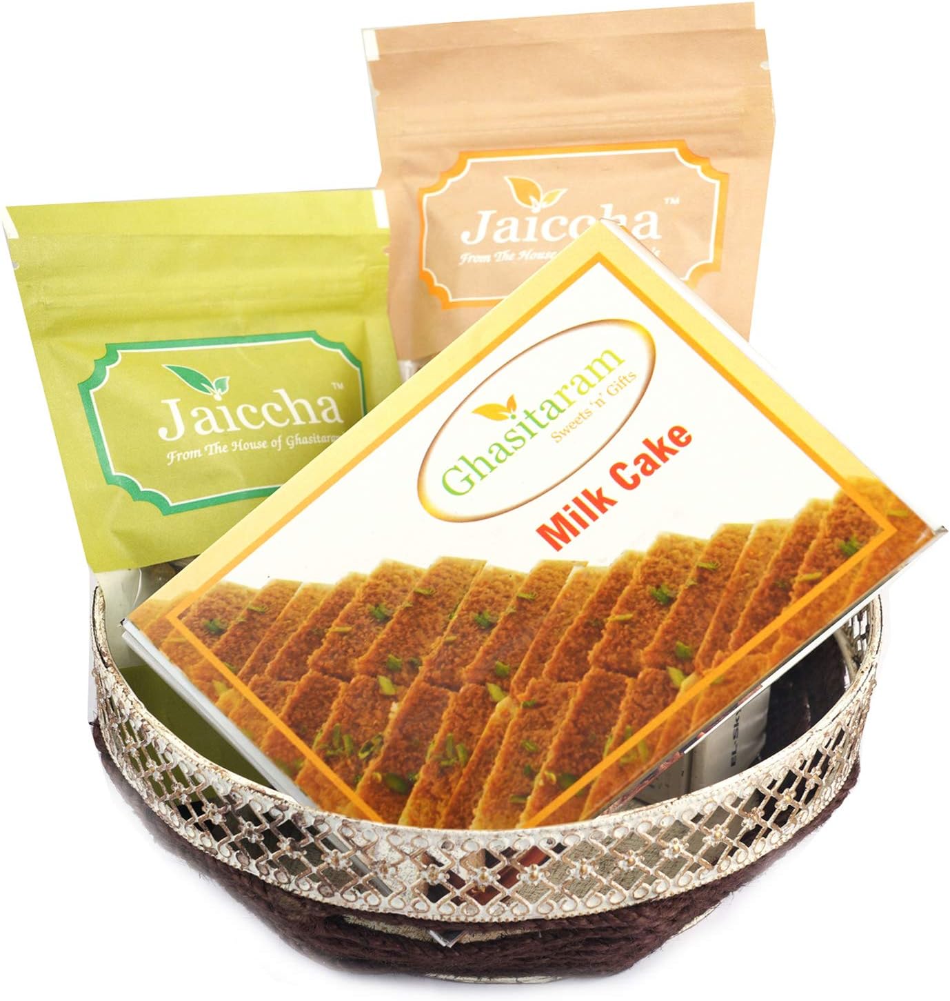 Ghasitaram Gifts Diwali Gifts Round Basket of Almonds, Raisins and Milk Cake