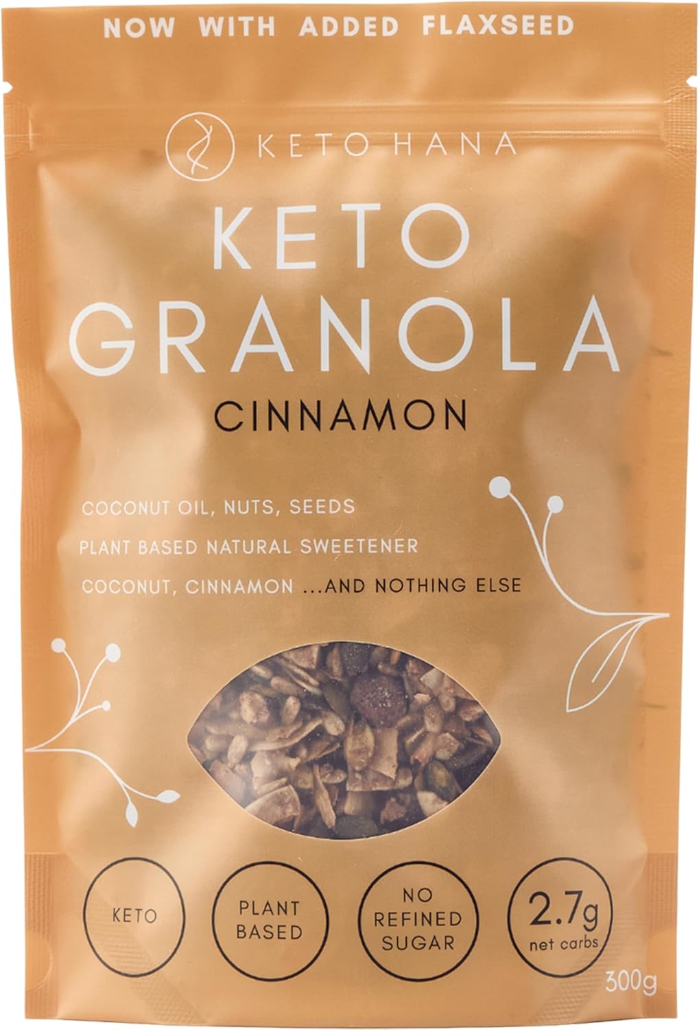 Keto Hana Cinnamon Keto Granola Breakfast Cereal with just 1.2g Net Carbs (300g) Low Carb, High Protein Snack