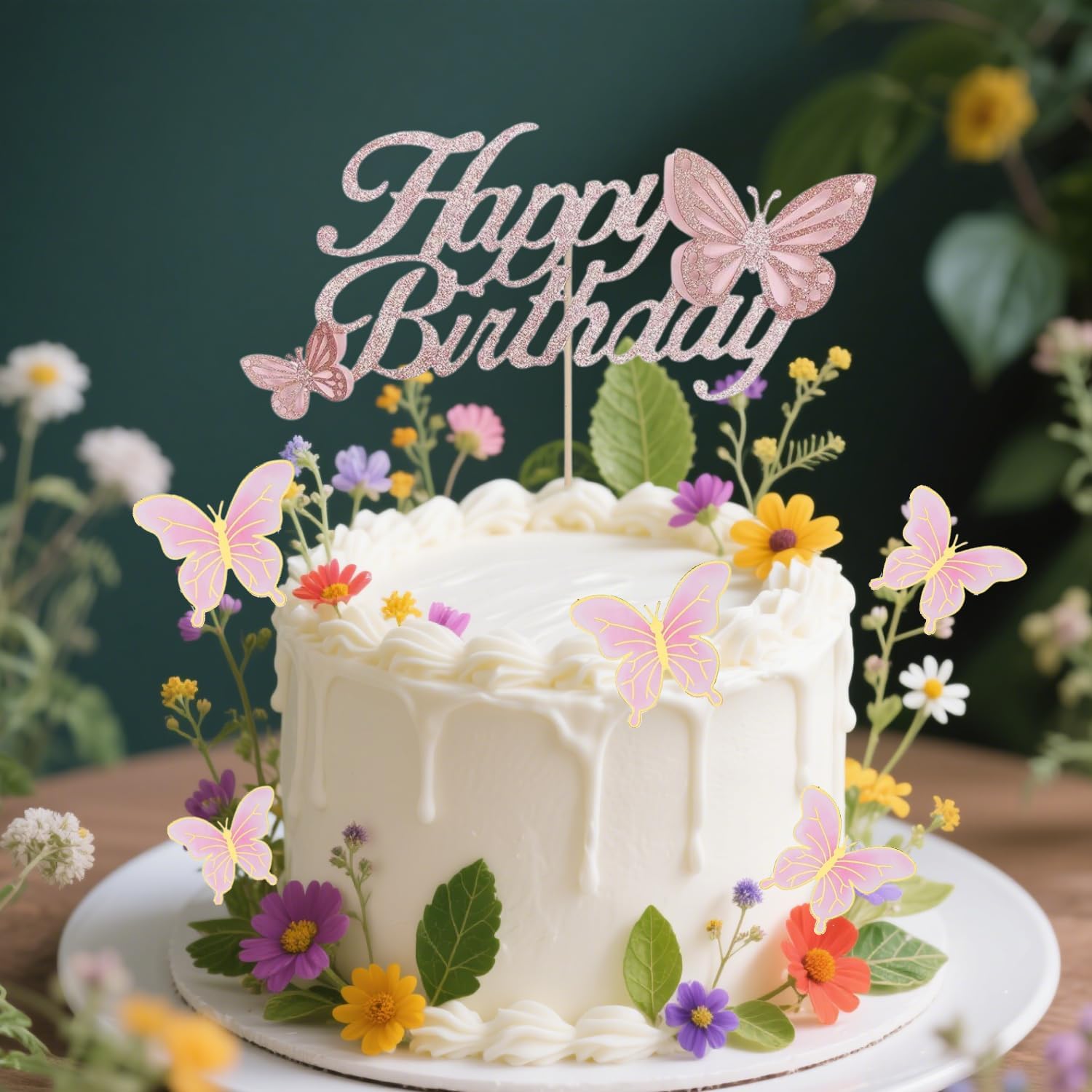 ALISSAR Rose Gold Happy Birthday Cake Topper Set, Butterfly Cake Topper and 16 Pieces Pink Butterfly Cupcake Toppers for Girls Women's Birthday Cake Party Decorations
