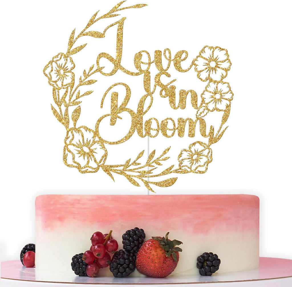Love is in Bloom Cake Topper, Floral Flower Themed Bridal Shower Decorations, Bride to Be, Wildflower Wedding Engagement Bachelorette Party Decorations, Gold Glitter