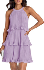 ZESICA Women's 2026 Summer Halter Cocktail Dresses Sleeveless Ruffle Tiered Chiffon Pleated Wedding Guest Mini Dress
