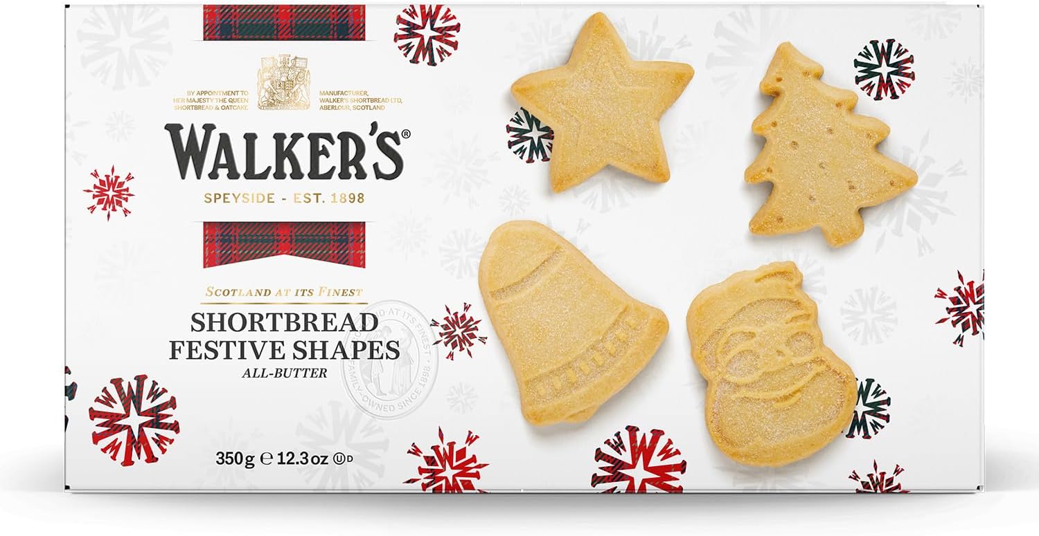 Walker’s Assorted Shortbread Cookies in Festive Shapes - Includes Christmas Tree, Bell, Star and Santa Claus Shaped Christmas Cookies