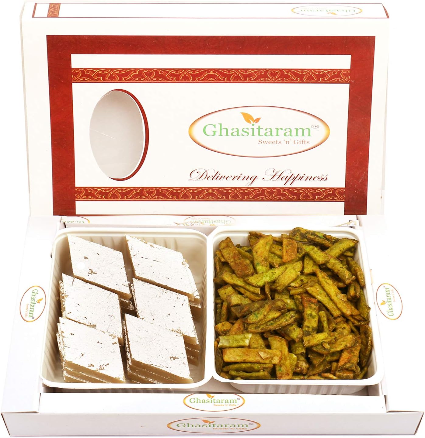 Ghasitaram Gifts Indian Sweets - Diwali Gifts Diwali Sweet - Kaju Katli and Palak Potato Chips Hamper