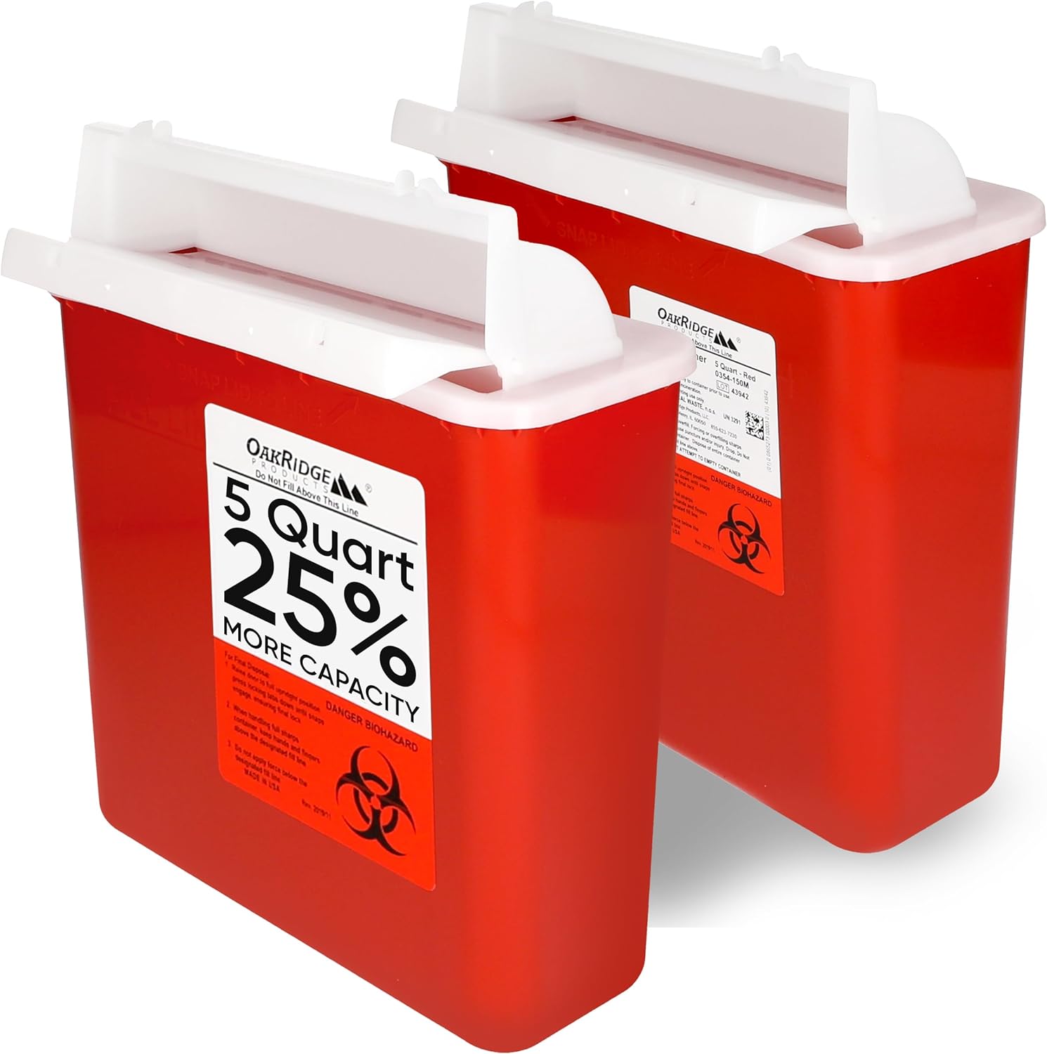 Oakridge Products Sharps Container for Home Use and Professional 5 Quart (2-Pack), Biohazard Needle and Syringe Disposal, Mailbox Style Lid, CDC Certified