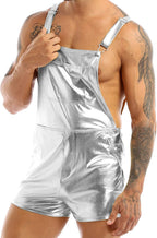 Men's Shiny Leather Metallic Shorts Dungarees Suspender Hot Pants Spandex Leotard Bodysuit