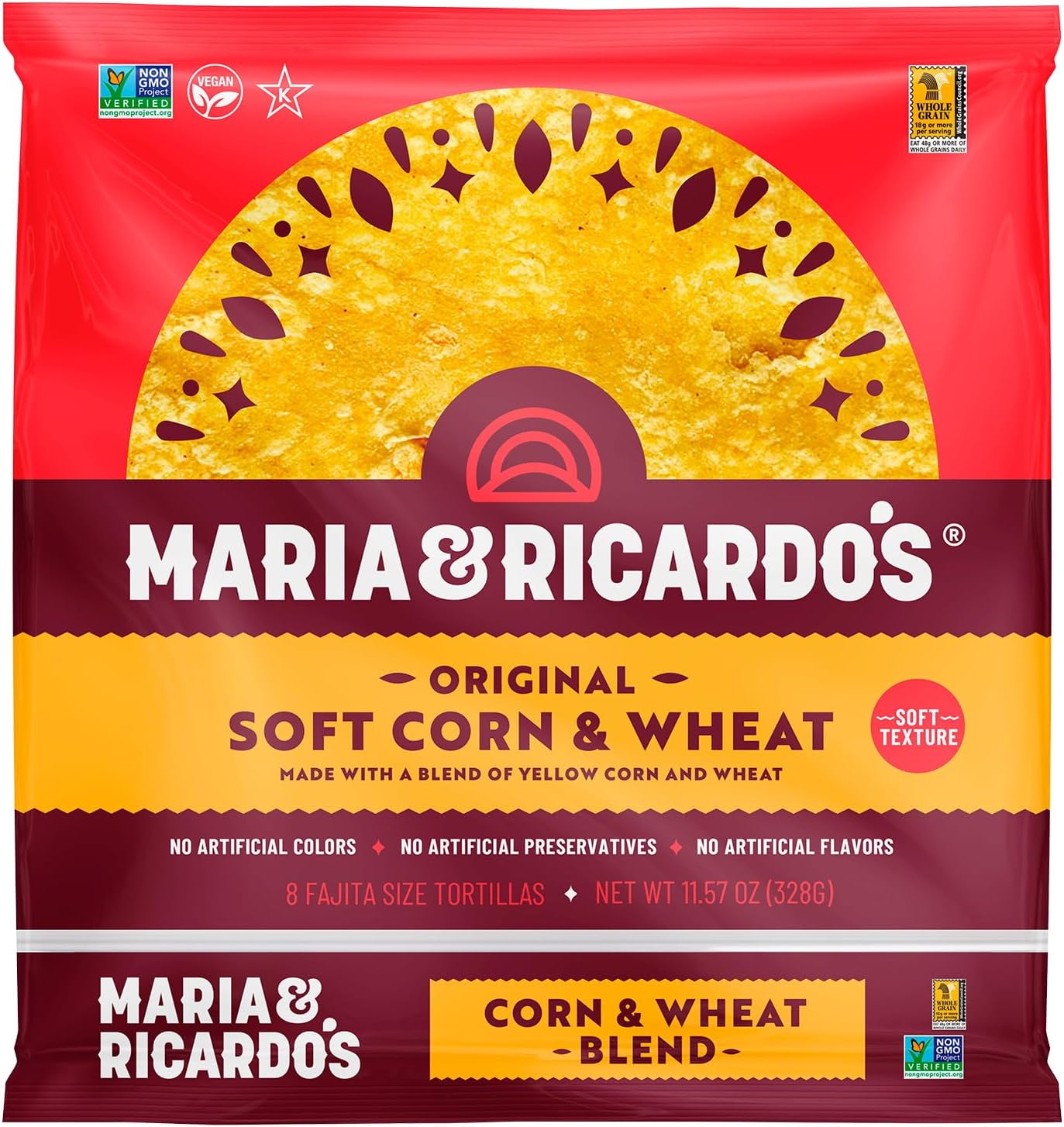 Maria & Ricardo's Soft Yellow Corn Tortillas. (3 Pack) Made from a blend of corn and wheat. Non GMO PV. Vegan. Kosher. 8 Tortillas per Pack
