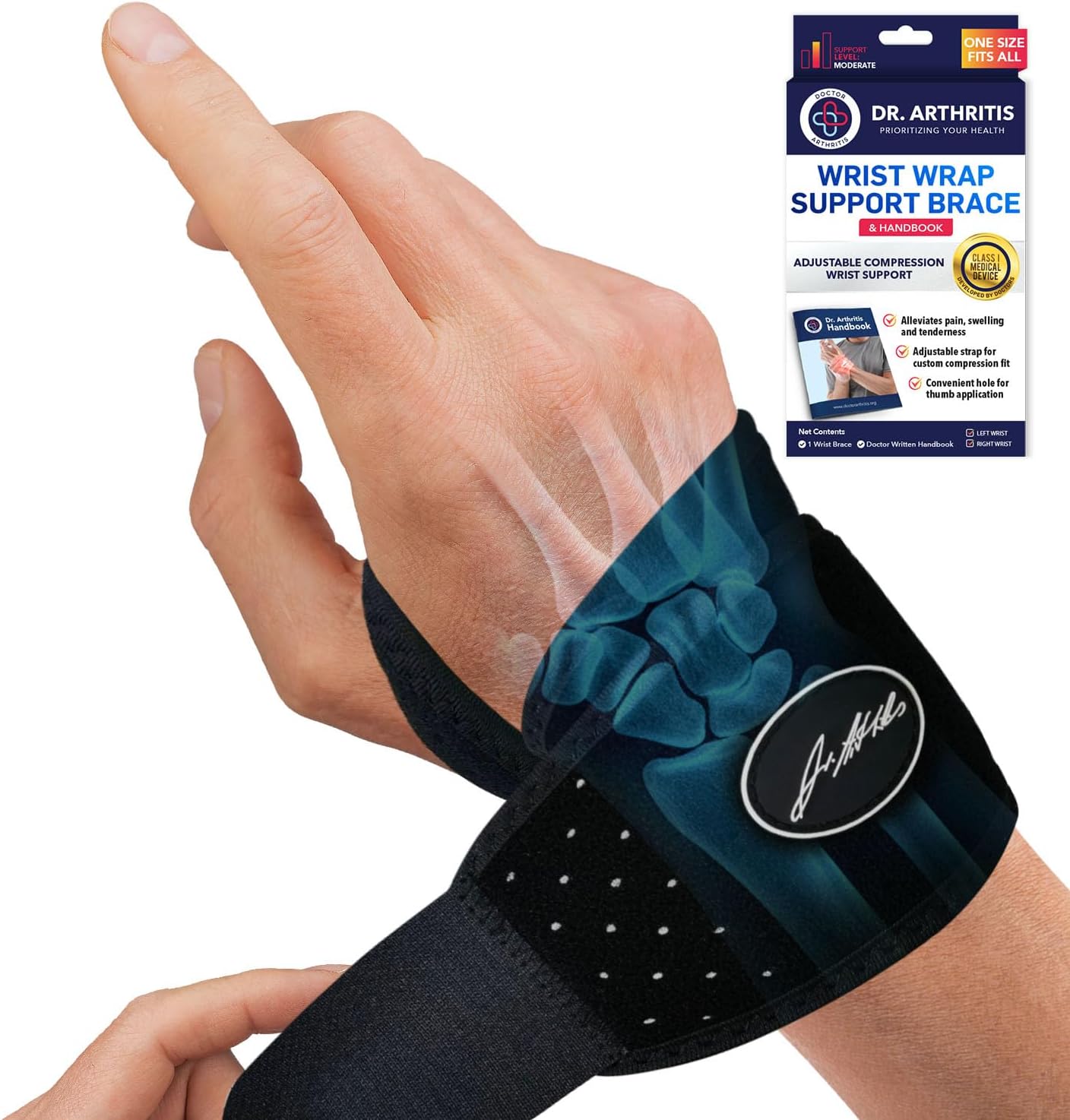 Dr. Arthritis Wrist Brace, Adjustable Wrist Wraps & Hand Brace Compression, Doctor-Developed Wrist Brace for Carpal Tunnel, Tendonitis, Injuries & More, Easy to Wear, Fits Both Hands (Single)