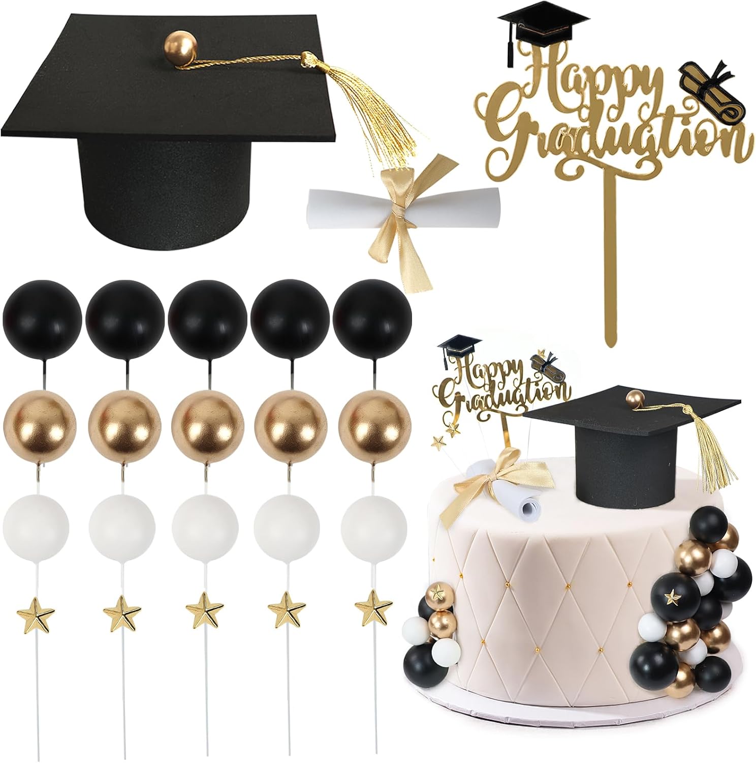 Graduation Cake Toppers - Graduations Cap Diploma Balls Congrats Grad Cake Decorations for 2026 High School College Senior Graduation Supplies (Black Gold White)