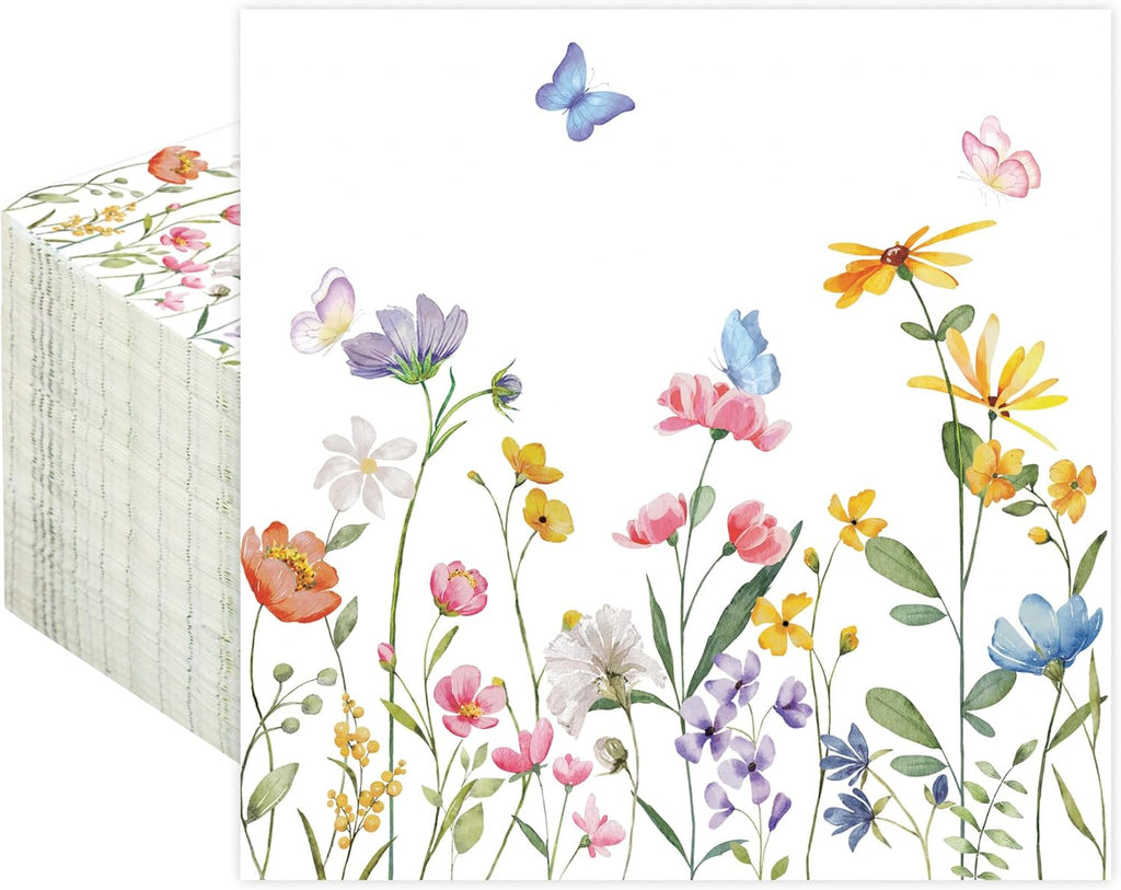 100 PCS Wildflower Cocktail Napkins Disposable Spring Floral Party Napkins 3-Ply Spring Flower Butterfly Paper Napkin for Wedding Bridal Baby Shower Birthday Tea Party Supplies