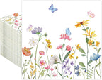 100 PCS Wildflower Cocktail Napkins Disposable Spring Floral Party Napkins 3-Ply Spring Flower Butterfly Paper Napkin for Wedding Bridal Baby Shower Birthday Tea Party Supplies