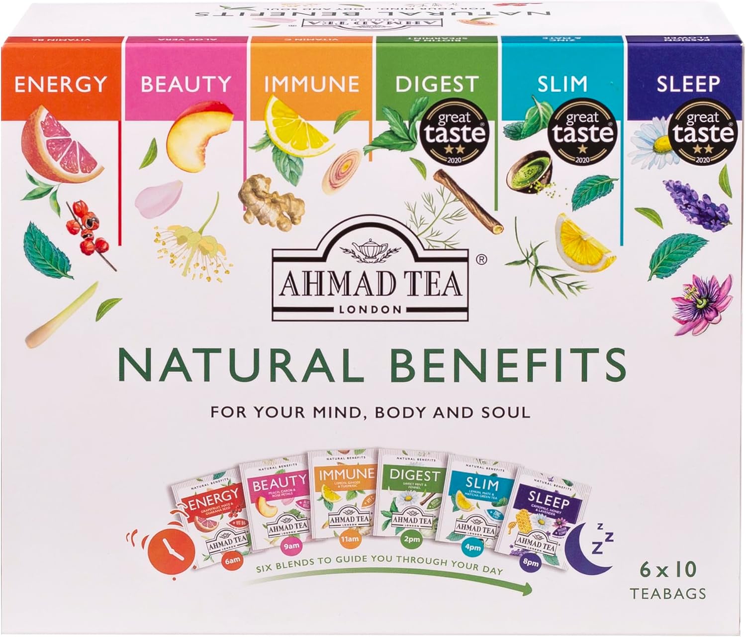 Ahmad Tea Natural Benefit Functional Tea Selection Pack | Green teas, Fruit & Herbal Infusions | Perfect herbal tea gift - 60 Teabag Sachets | 6 blends