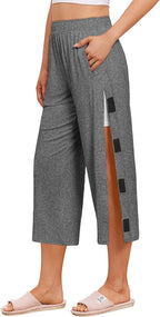 Deyeek Women's Tear Away Breakaway Capri Pants Post Surgery Recovery Hip Knee Ankle Replacement Adaptive Magic Tape Wide Leg