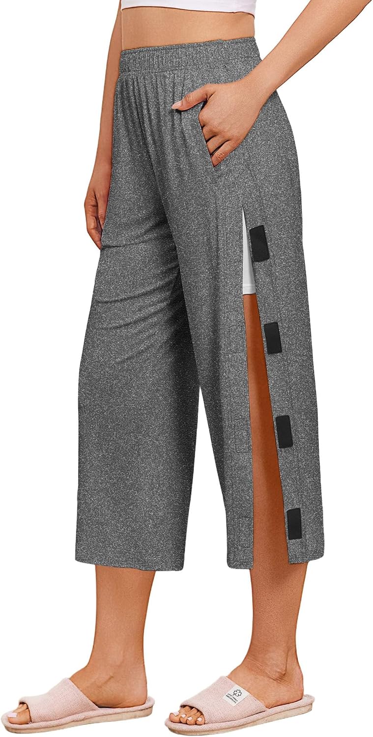 Deyeek Women's Tear Away Breakaway Capri Pants Post Surgery Recovery Hip Knee Ankle Replacement Adaptive Magic Tape Wide Leg