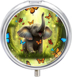Purse Pill Organizer, Fantasy Elephant Butterfly Cute Round Box, Compact Case for Vitamins, Travel Dispenser Pocket Carry for Her