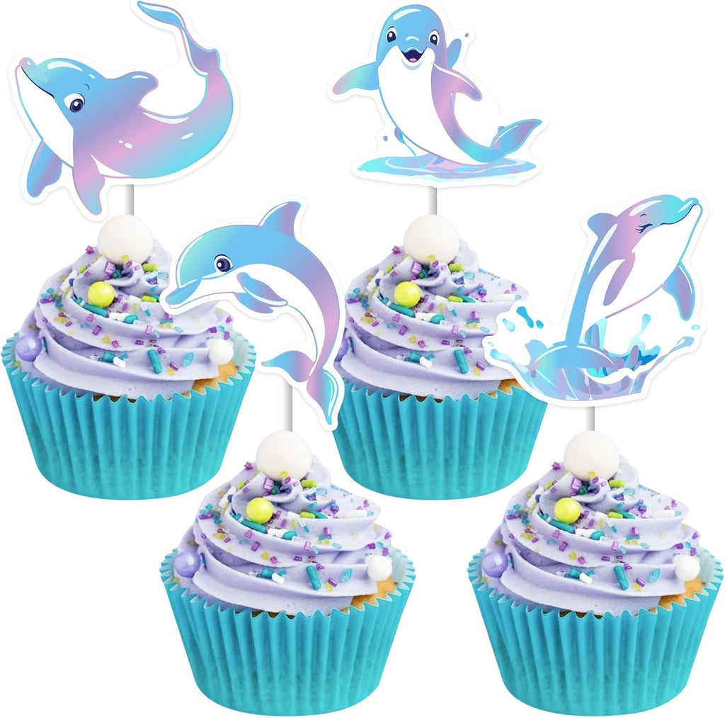 JOYMEMO 36 Pcs Dolphin Theme Cupcake Toppers Pink Blue Purple - Under The Sea Birthday Cake Decorations for Boys Girls, Double Sided Dolphin Ocean Animal Theme Party Supplies