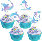 JOYMEMO 36 Pcs Dolphin Theme Cupcake Toppers Pink Blue Purple - Under The Sea Birthday Cake Decorations for Boys Girls, Double Sided Dolphin Ocean Animal Theme Party Supplies