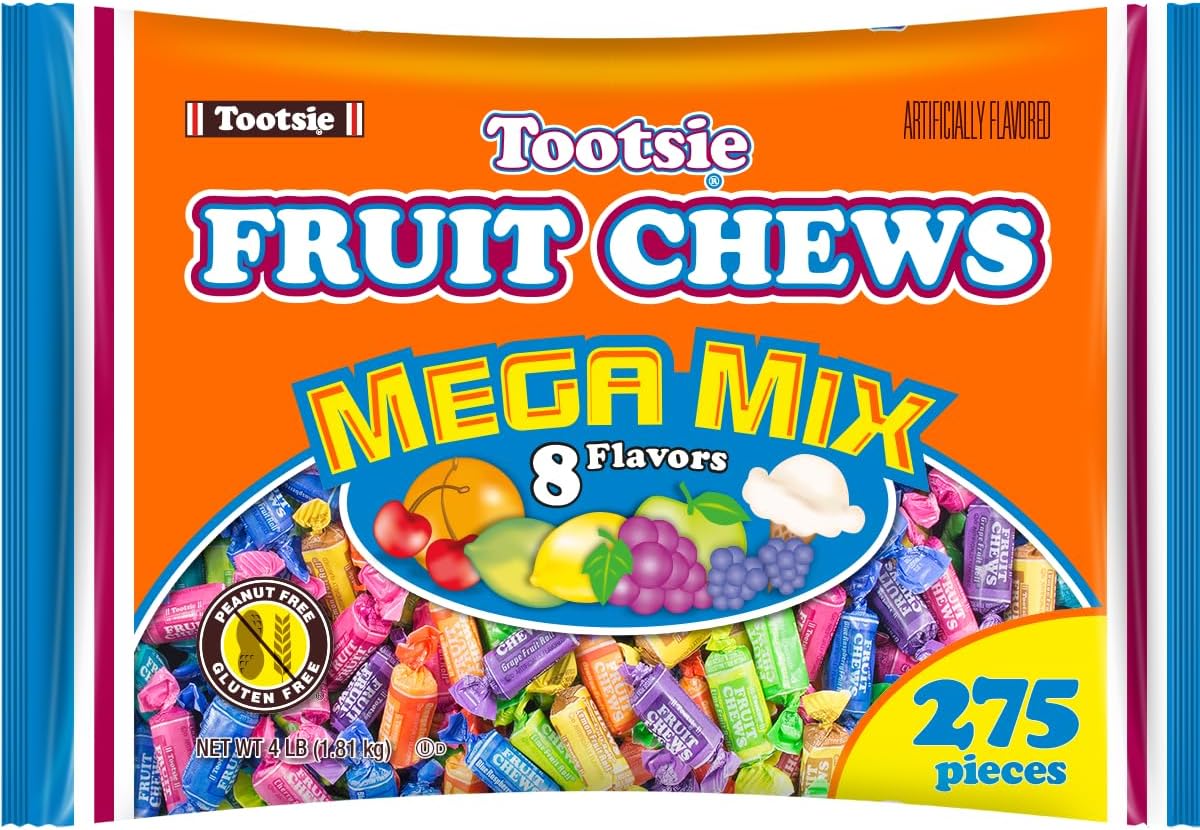 Tootsie Roll Fruit Chews Mega Mix 8 Flavors- 4 Pounds of Soft Fruity Rainbow Candy – 5 Classic Flavors Plus 3 BONUS Flavors - Peanut and Gluten Free (275 Pieces) - Packaging May Vary