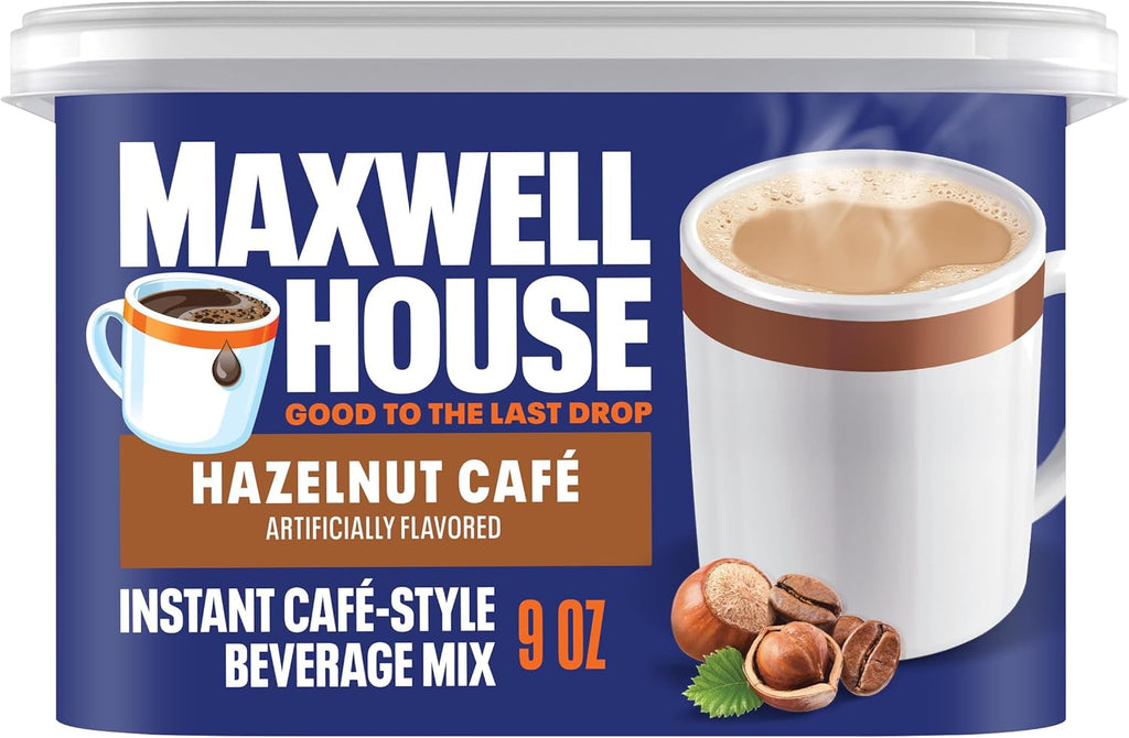 Maxwell House Instant Cafe-Style Beverage Mix, Easy to Prepare, 1 Canister, for Quick Morning Coffee or Afternoon Treat, Hazelnut Cafe, Kosher Dairy, 9 oz
