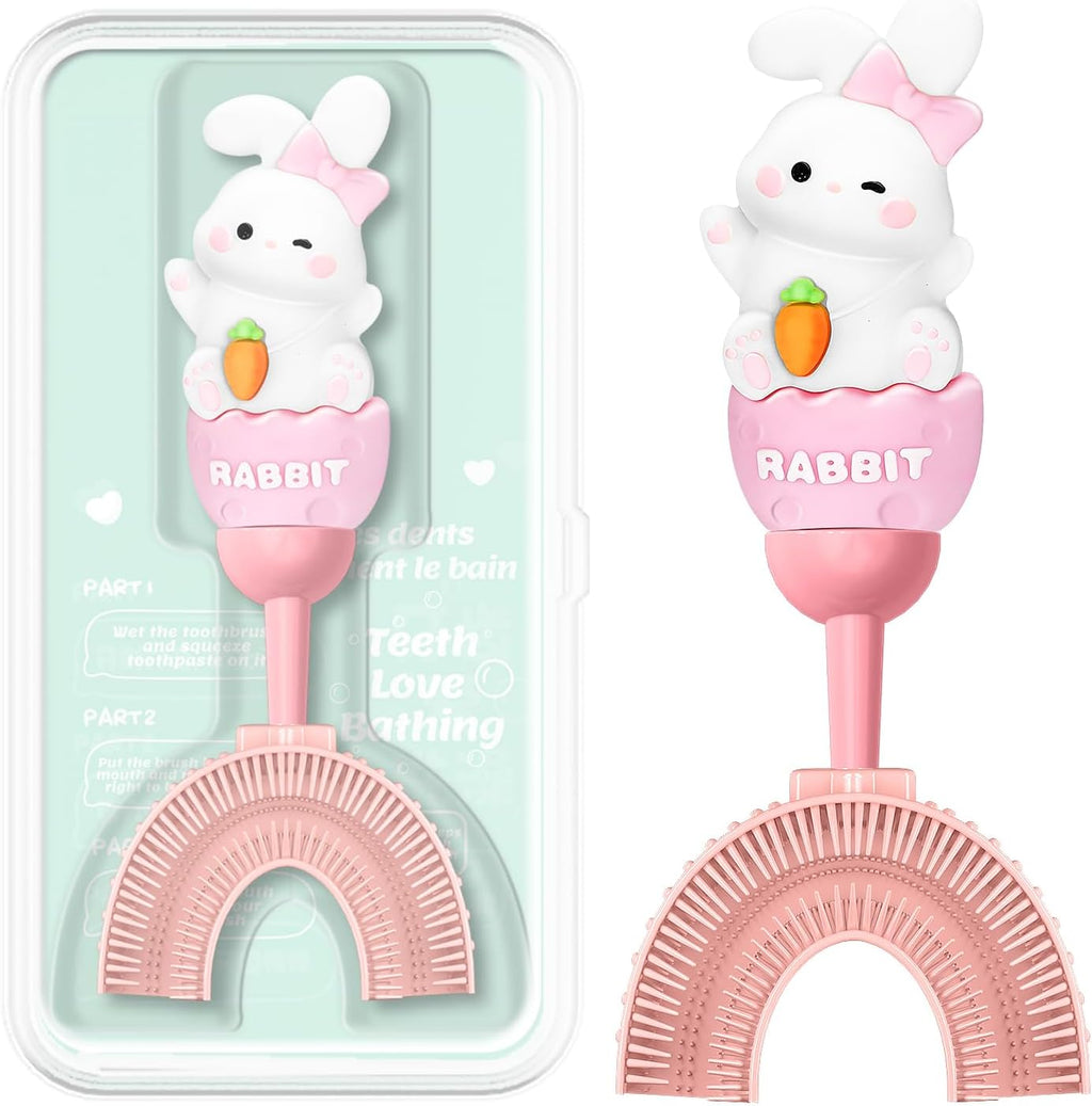 U-Shaped Toothbrush for Kids Ages 2-7, Soft Food-Grade Silicone for Sensitive Gums, 360 Teeth Cleaning Design, Training & Travel-Friendly Toddler's Toothbrush (Pink)