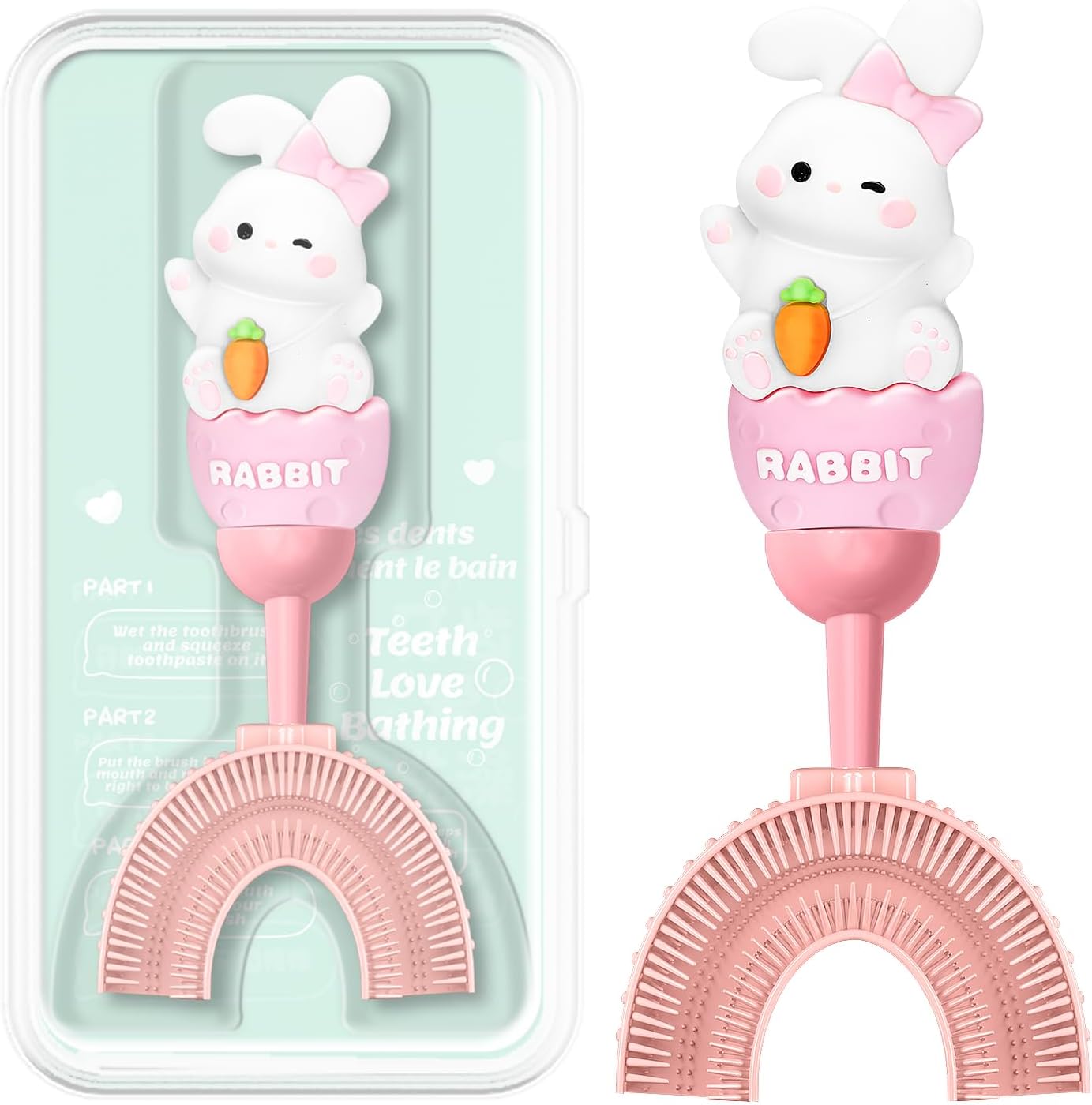 U-Shaped Toothbrush for Kids Ages 2-7, Soft Food-Grade Silicone for Sensitive Gums, 360 Teeth Cleaning Design, Training & Travel-Friendly Toddler's Toothbrush (Pink)