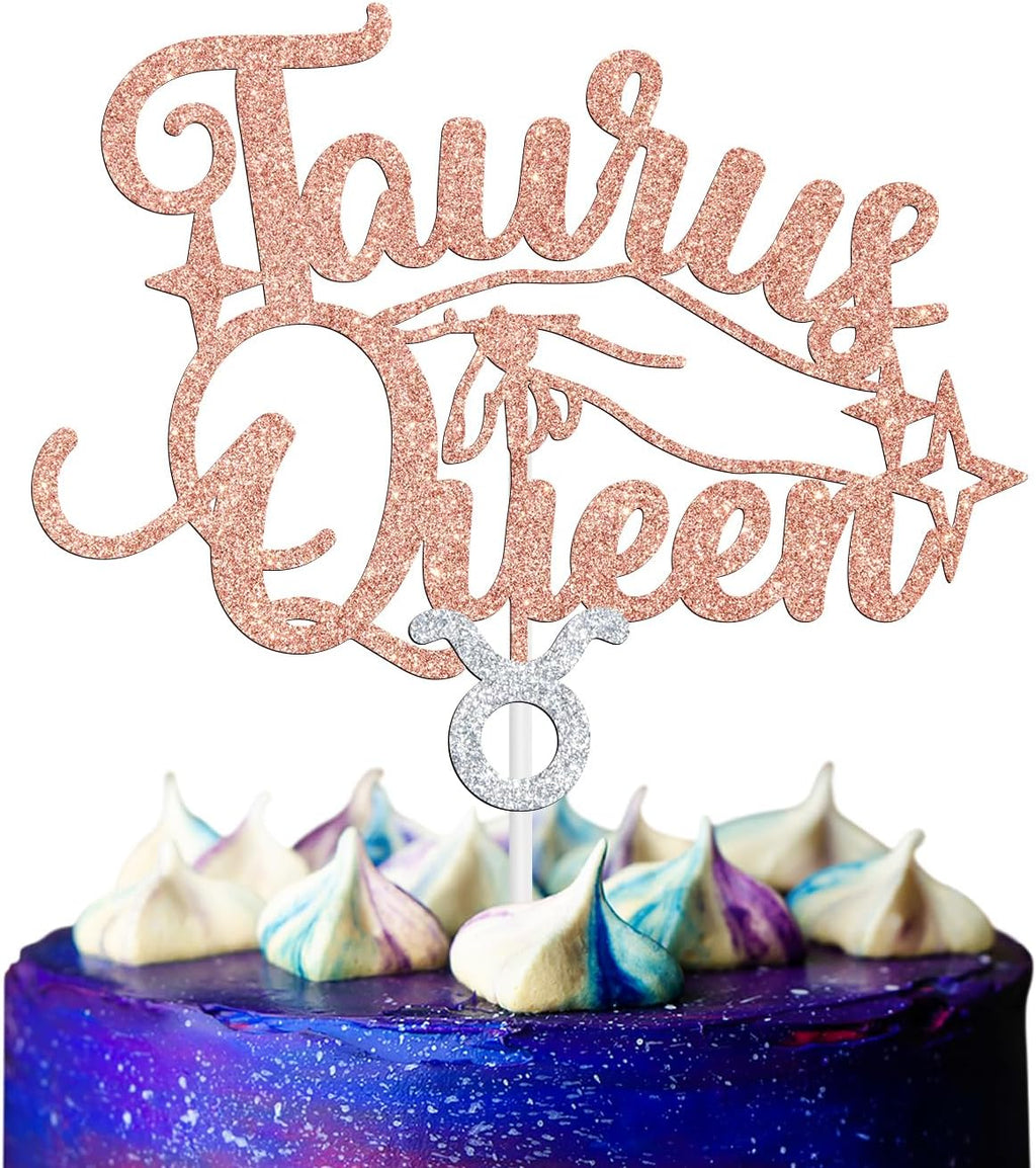 Taurus Queen Cake Topper, Taurus Season/12 Zodiac Constellation Theme Cake Decor, Big Taurus Energy Birthday Party Decoration Supplies for Women, Rose Gold Glitter