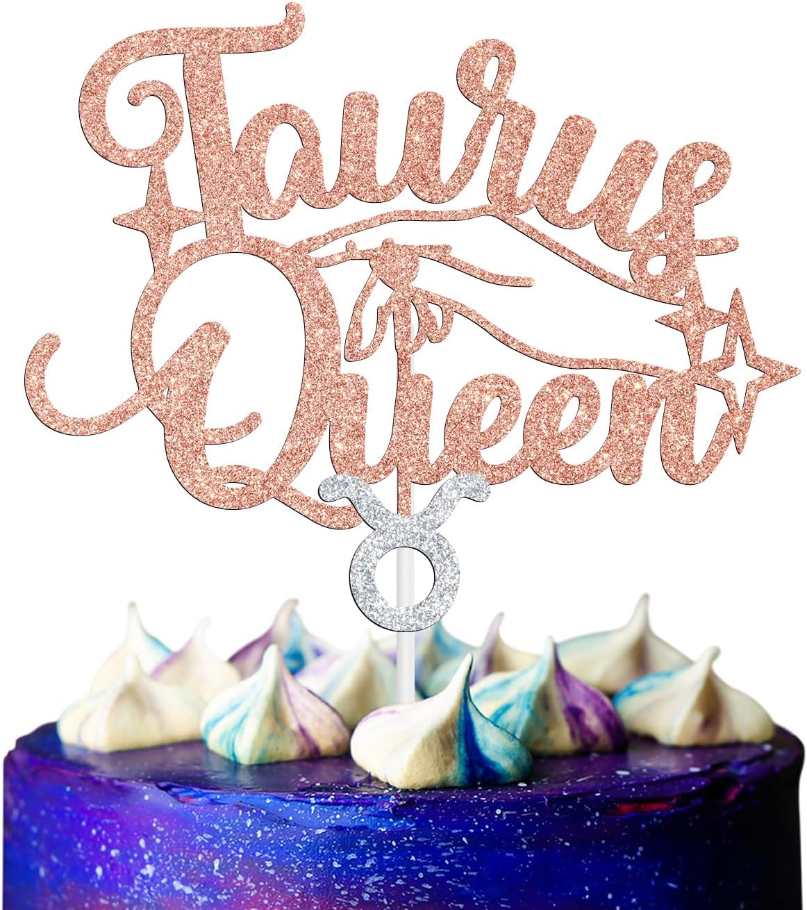 Taurus Queen Cake Topper, Taurus Season/12 Zodiac Constellation Theme Cake Decor, Big Taurus Energy Birthday Party Decoration Supplies for Women, Rose Gold Glitter