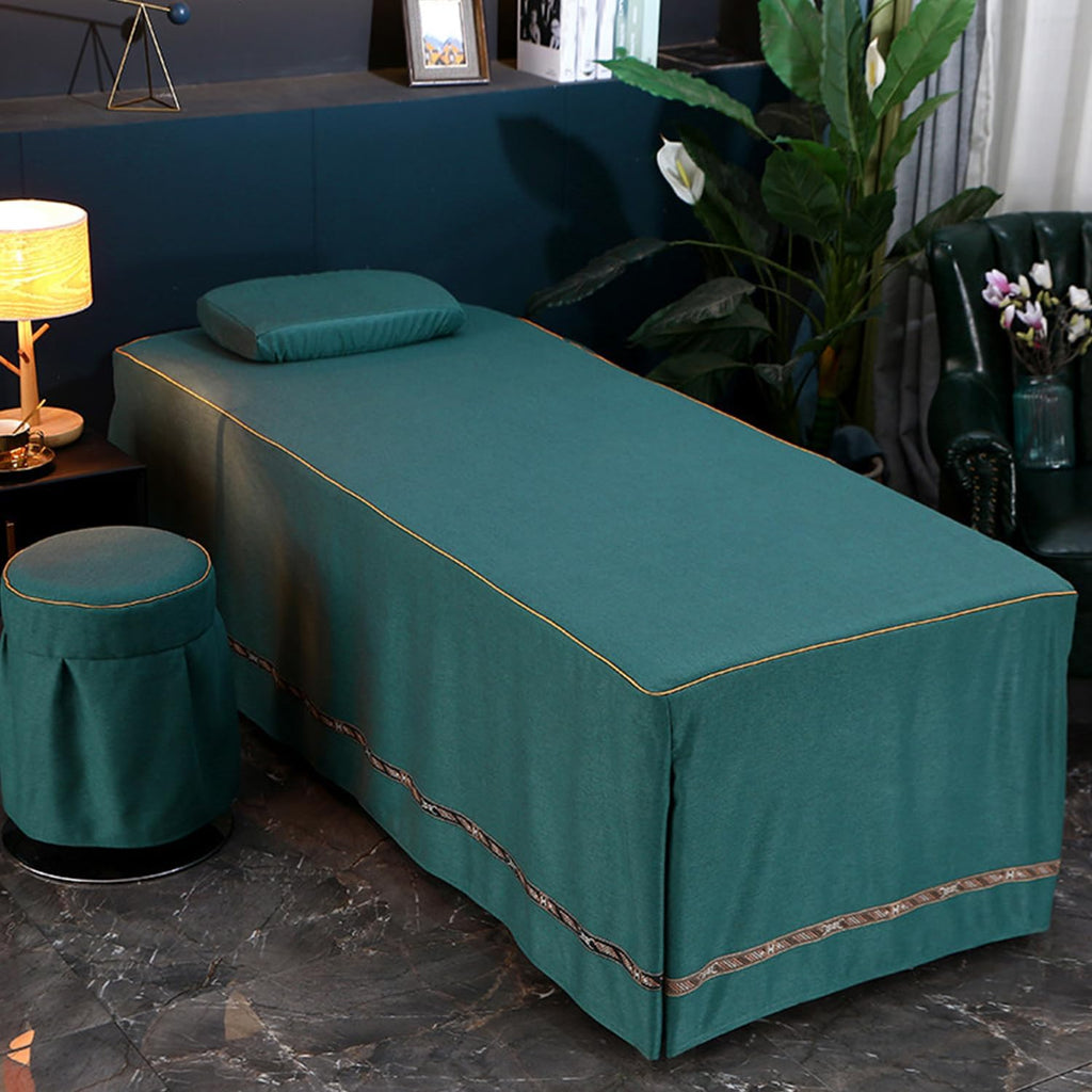 Massage Table Bed Skirt Lash Bed Skirt with Face Hole Linen-Cotton Fabric Spa Massage Fitted Sheet with Elastic Band Full Wrap Dustproof Square Round Head Washable,A/Green,70x185cm(S)
