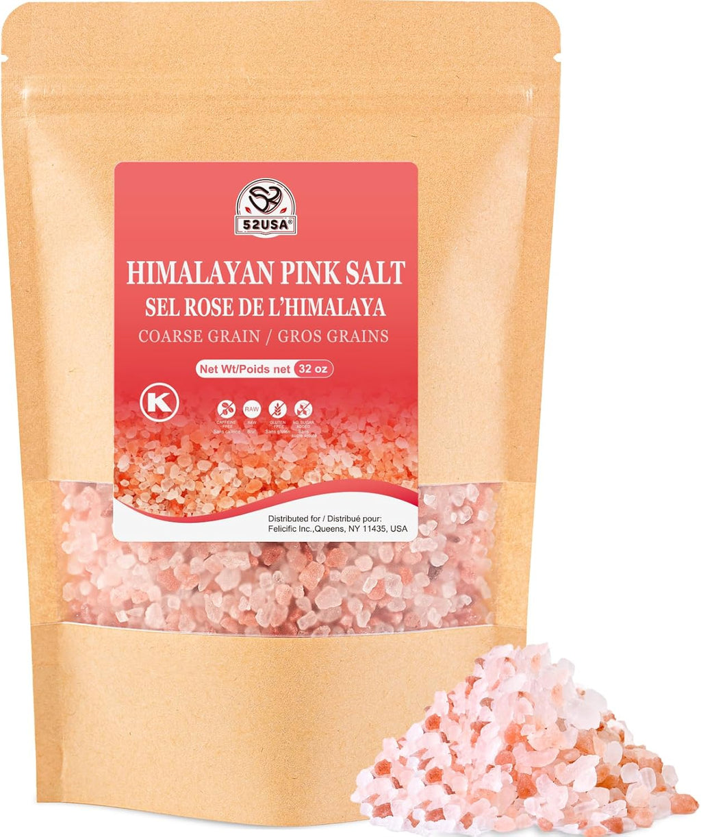 52USA Himalayan Pink Salt Coarse, Pink Himalayan Sea Salt, Coarse Grain 2 lb, Himalayan Salt, Pink Salt, Rock Salt for Grinder Refill, No Artificial Colors, No Additives, No Gluten, Kosher Certified