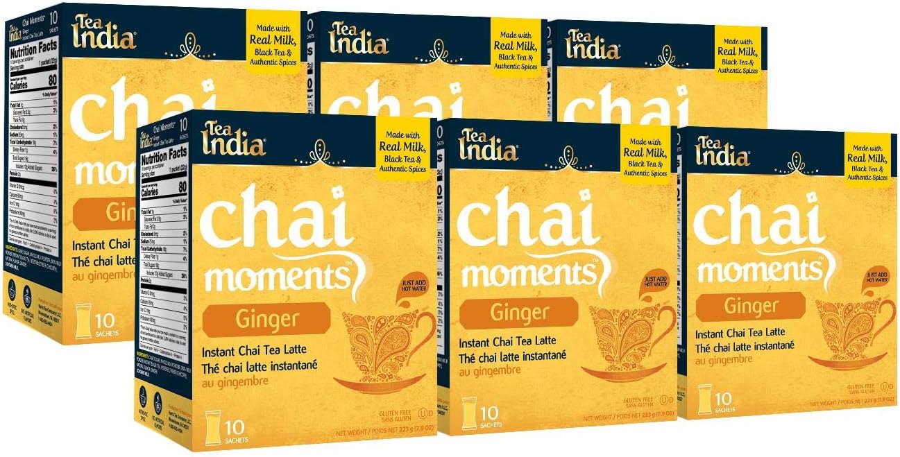 Tea India Chai Moments Ginger Chai Tea Instant Latte Mix Flavorful Blend Of Premium Black Tea, Ginger & Natural Ingredients Traditional Indian Caffeinated Tea Individually Wrapped 10 Sachets Pack of 6