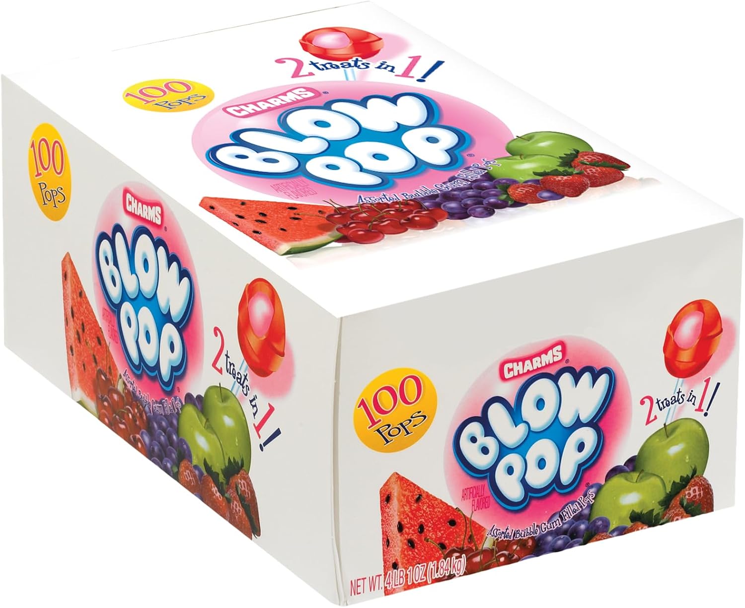 Charms Blow Pop Lollipops - Individually Wrapped Dual Candy and Gum Suckers - Peanut Free, Gluten Free - Bulk Treat for Kids and Adults - Assorted Flavors, 100 Count (4 lb 1 oz.)
