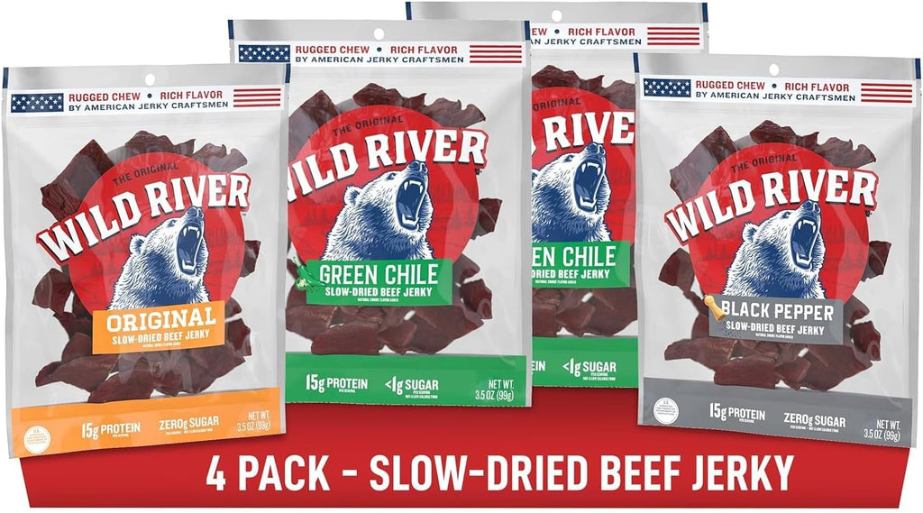 Wild River Beef Jerky Variety Pack, Old Fashioned 100% Beef Jerky, Gluten Free - 2 Green Chile, Black Pepper, Original - Perfect Hunting Trip Meat Snack with 15g of Protein, 3.5 Ounce (Pack of 4)
