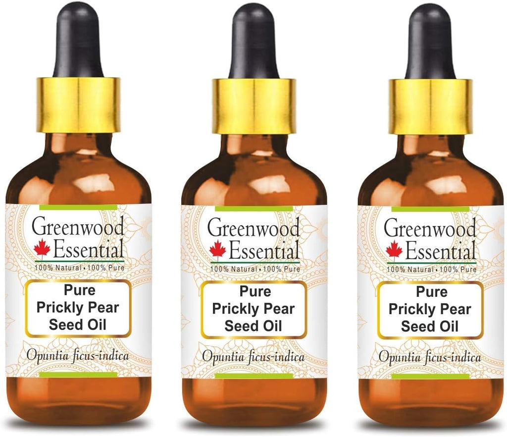 Greenwood Essential Pure Prickly Pear Seed Oil (Opuntia ficus-Indica) with Glass Dropper Premium Therapeutic Grade Infused (Pack of Three) 100ml X 3 (10.1oz)