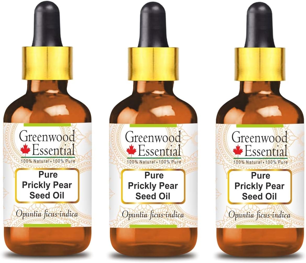 Greenwood Essential Pure Prickly Pear Seed Oil (Opuntia ficus-Indica) with Glass Dropper Premium Therapeutic Grade Infused (Pack of Three) 100ml X 3 (10.1oz)