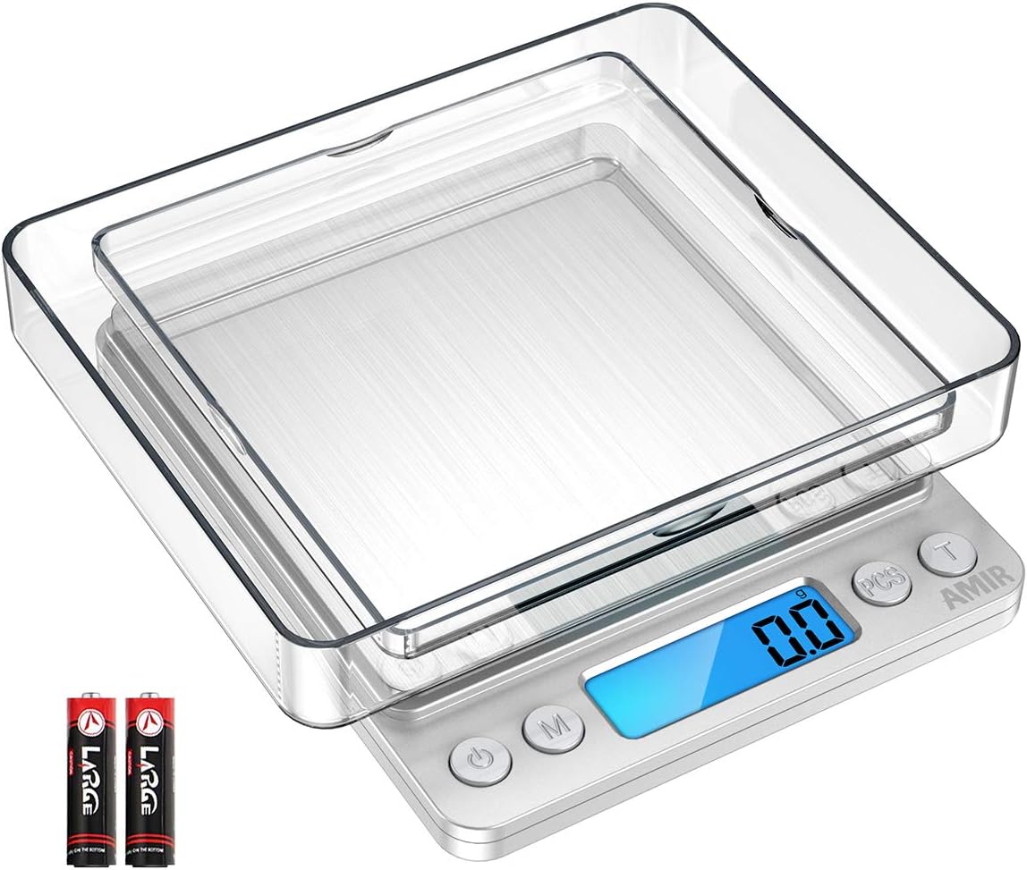 AMIR Digital Kitchen Scale, 3000g 0.01oz/ 0.1g Pocket Coffee Scale, Mini Food Scale, Pro Electronic Jewelry Scale with Back-Lit LCD Display, Tare & PCS Functions, Stainless Steel, Batteries Included