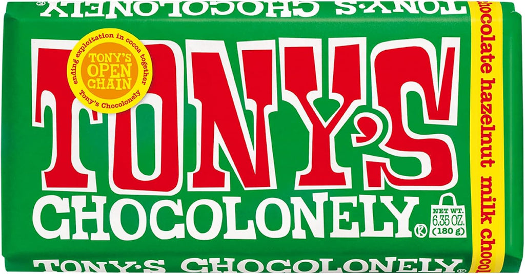 Tony’s Chocolonely Belgian Milk Chocolate Hazelnut Candy Bar for Snacks, Chocolate Bar for Party Favors, Gifts, or Gift Basket, 32% Cacao, Made From Quality Fairtrade Cocoa, 6.35 Oz