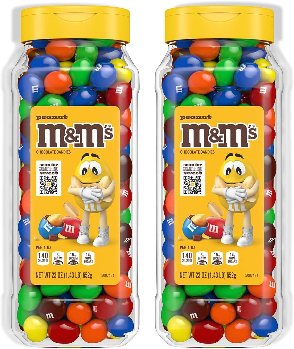 M&M’S Peanut Candy Jars, Assorted Chocolate Candies, Party Size Bulk, Movie Night Treats, Bulk Chocolate Candy, Buffet Chocolates, Resealable and Recyclable, 23 Oz Each, Pack of 2