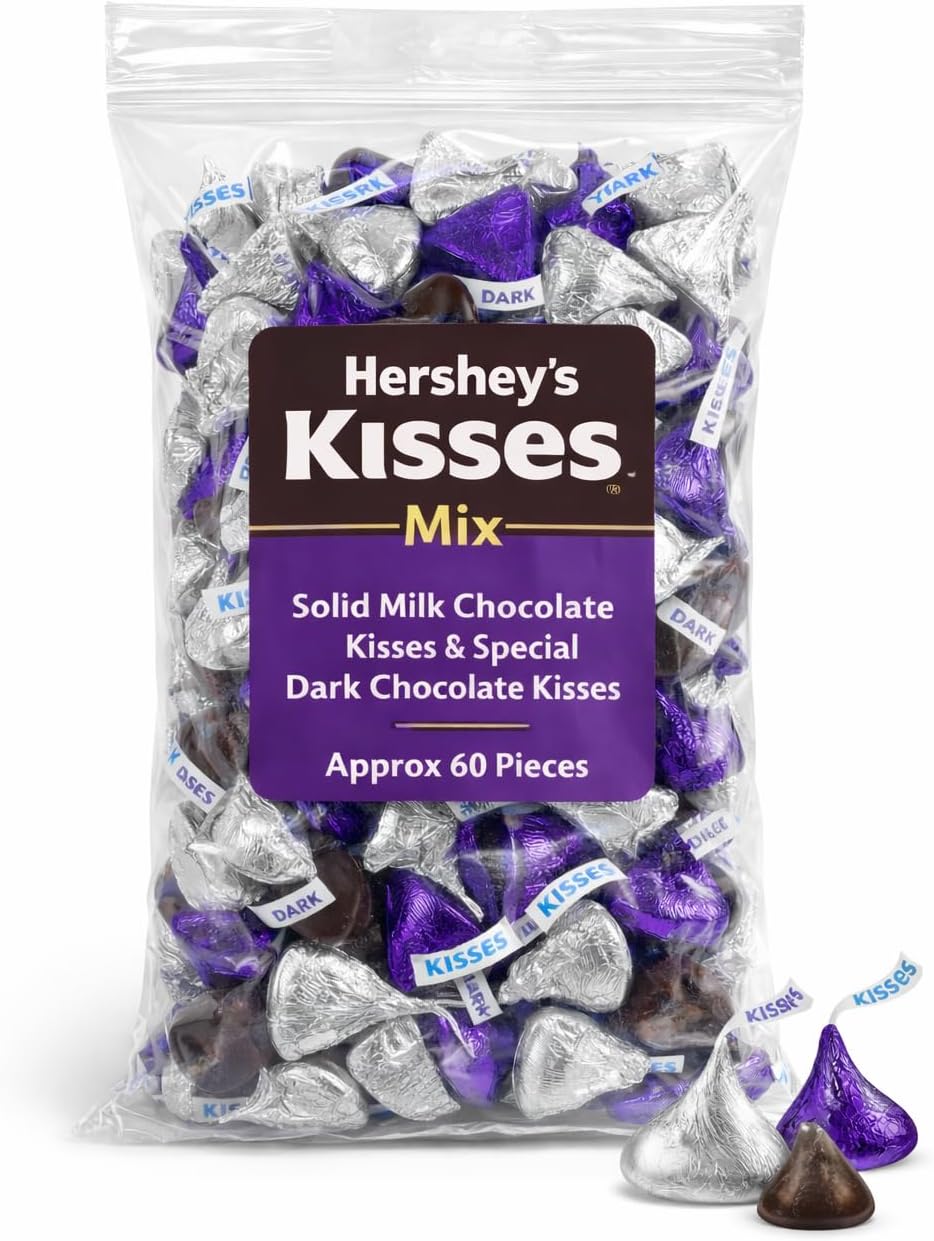 Hershey.sKISSES Milk & Dark Chocolate Candy Approx 60 Count of Solid Milk Chocolate in Silver Foils and Special Dark Chocolate Mildly Sweet Kisses Candy in Purple Foils Easter Basket & Hunt Filler