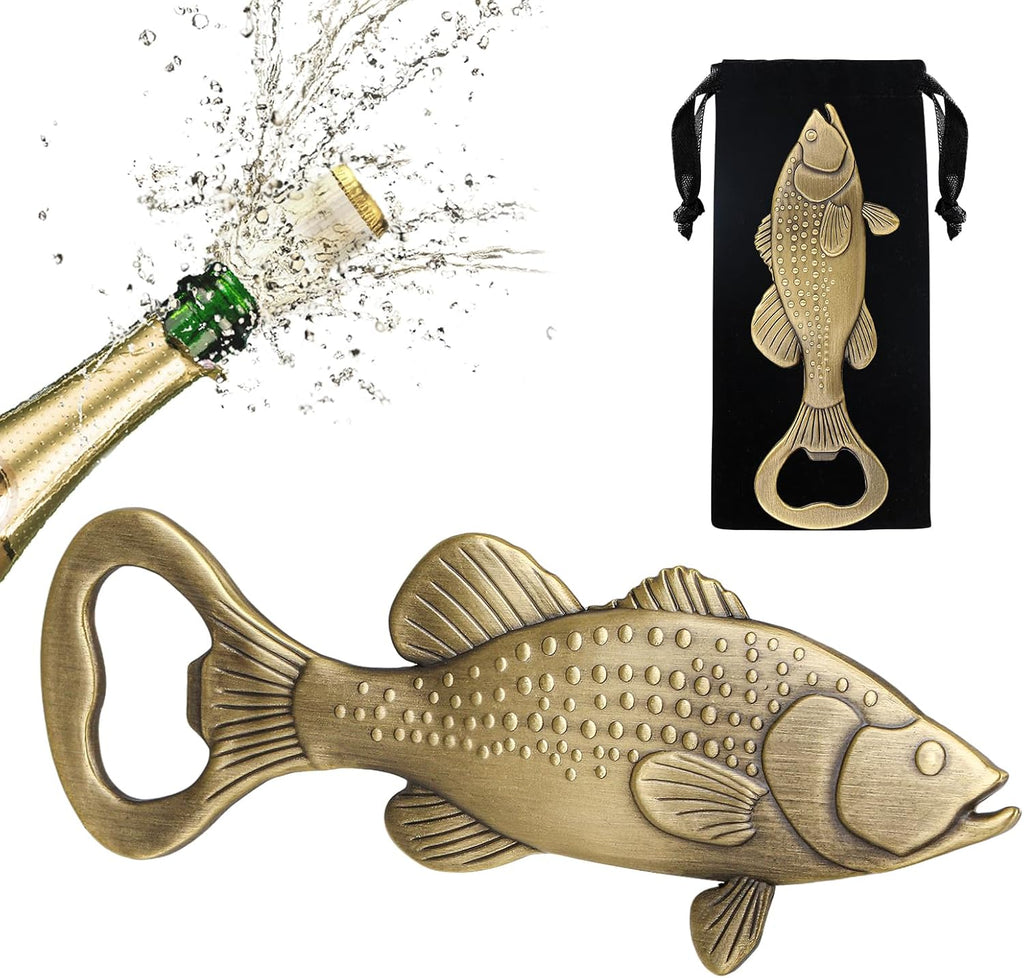 LKKCHER Bass Beer Bottle Opener, Fishing Gifts for Fisherman, Bass fish Decoration, Birthday Fathers Day Christmas Gifts for Men Women Dad Fisherman, Bronze beer accessories with Bag