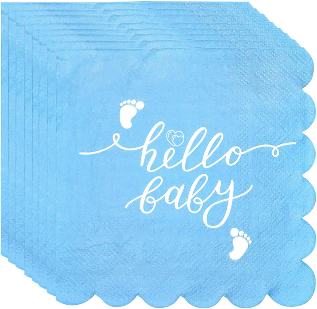 100pcs Blue Baby Shower Napkins, Scalloped Hello Baby Cocktail Napkins 2 Ply Disposable Napkins Decorative Neutral Dinner Napkins for Baby Boy Birthday Gender Reveal Party Decorations