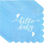 100pcs Blue Baby Shower Napkins, Scalloped Hello Baby Cocktail Napkins 2 Ply Disposable Napkins Decorative Neutral Dinner Napkins for Baby Boy Birthday Gender Reveal Party Decorations
