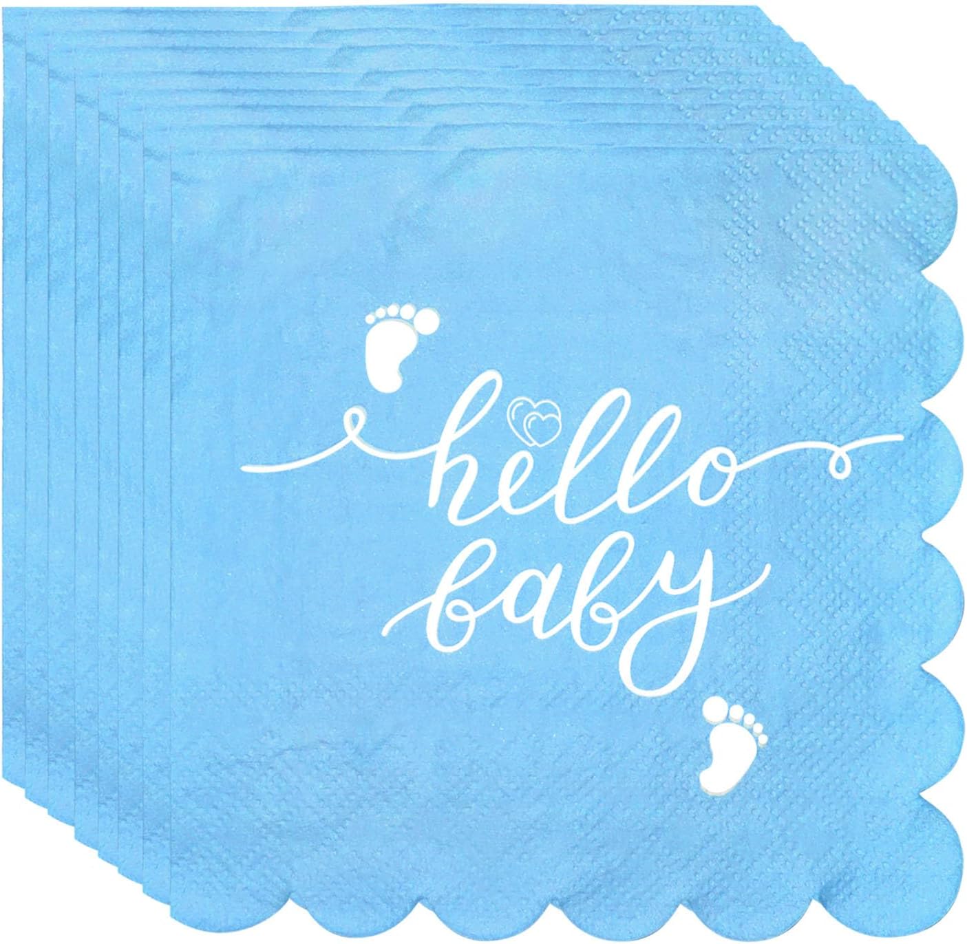 100pcs Blue Baby Shower Napkins, Scalloped Hello Baby Cocktail Napkins 2 Ply Disposable Napkins Decorative Neutral Dinner Napkins for Baby Boy Birthday Gender Reveal Party Decorations