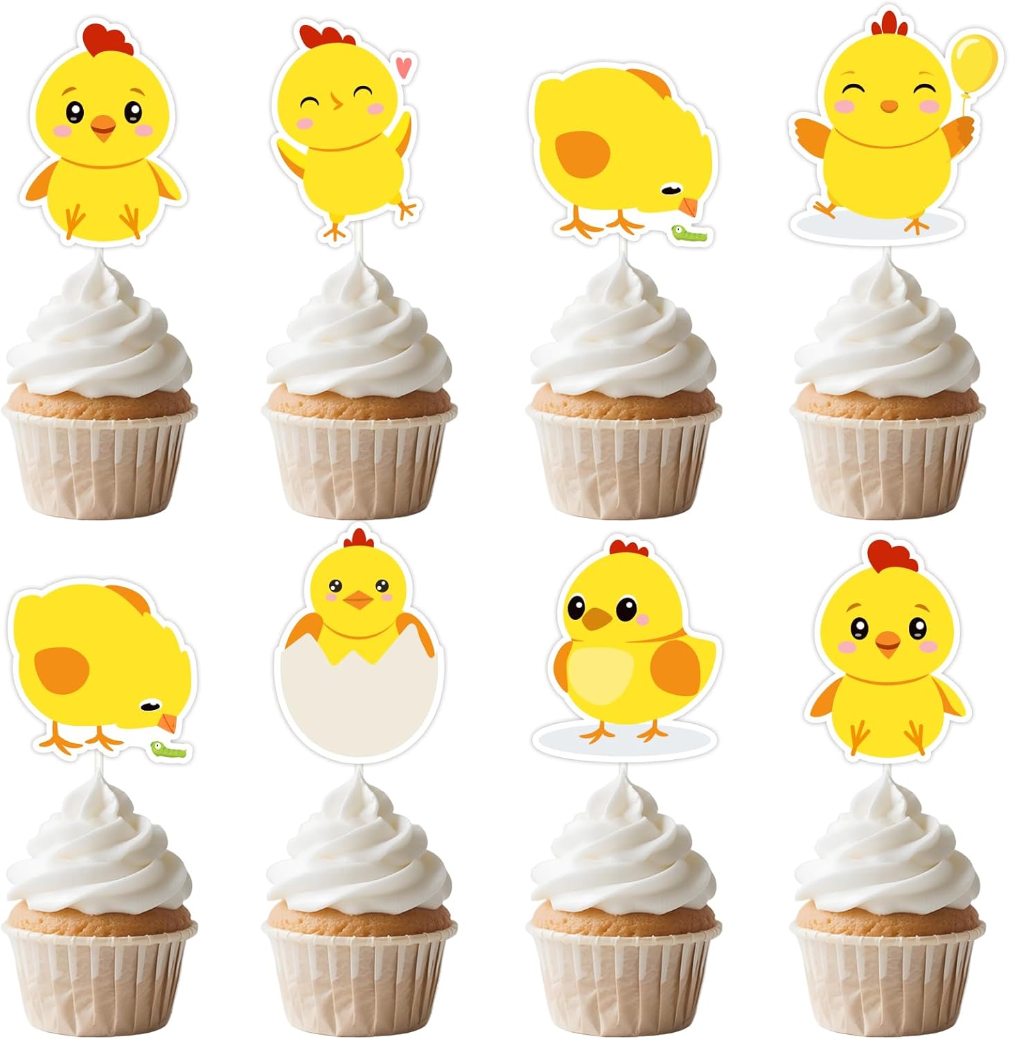 36 Pcs Chick Cupcake Toppers - Yellow Little Chicken Birthday Cake Decorations for Boys Girls, Double Sided Farm Animals Farmhouse Barnyard Theme Party Supplies