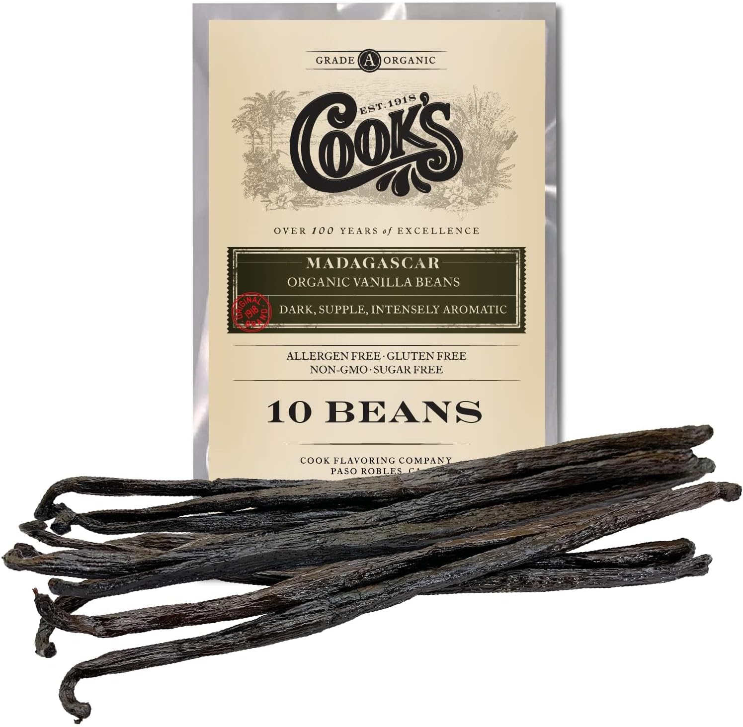 10 Organic Madagascar Whole Vanilla Beans, Grade A Pods, Premium Vanilla Beans for Making Extract & Baking - Cook’s