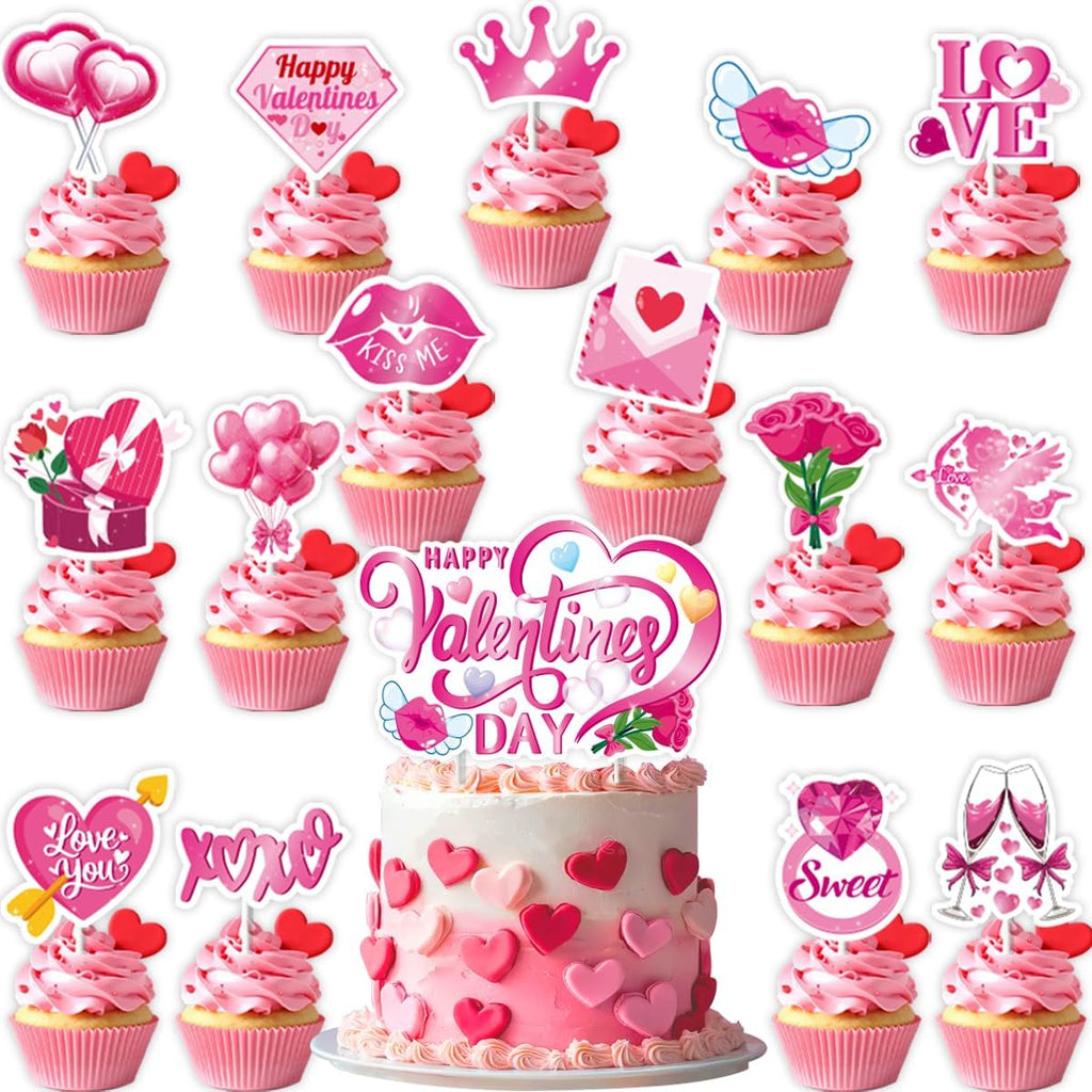 Happy Valentine's Day Cake Toppers 15Pcs Glitter Heart Cupcake Topper for Valentine's Day Wedding Anniversary Birthday Party Cake Decoration