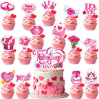 Happy Valentine's Day Cake Toppers 15Pcs Glitter Heart Cupcake Topper for Valentine's Day Wedding Anniversary Birthday Party Cake Decoration