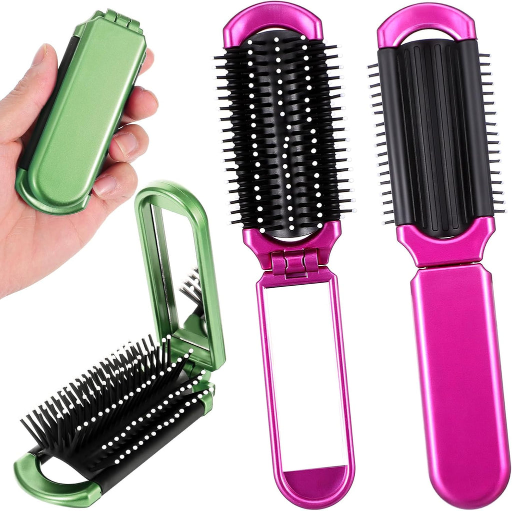 2 Pack Folding Hair Brush Portable Mini Folding Hairbrush with Mirror Compact Foldable Brush for Purse, Travel Hair Brushes for Women, Rose Red & Green