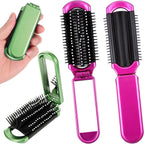 2 Pack Folding Hair Brush Portable Mini Folding Hairbrush with Mirror Compact Foldable Brush for Purse, Travel Hair Brushes for Women, Rose Red & Green