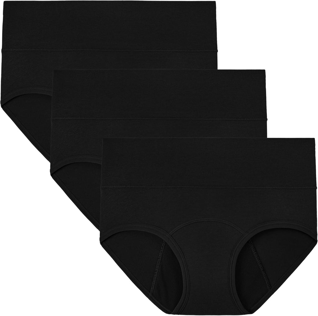 INNERSY Period Underwear for Women Heavy Flow High Waisted Menstrual Incontinence Panties 3-Pack(Black,Large)