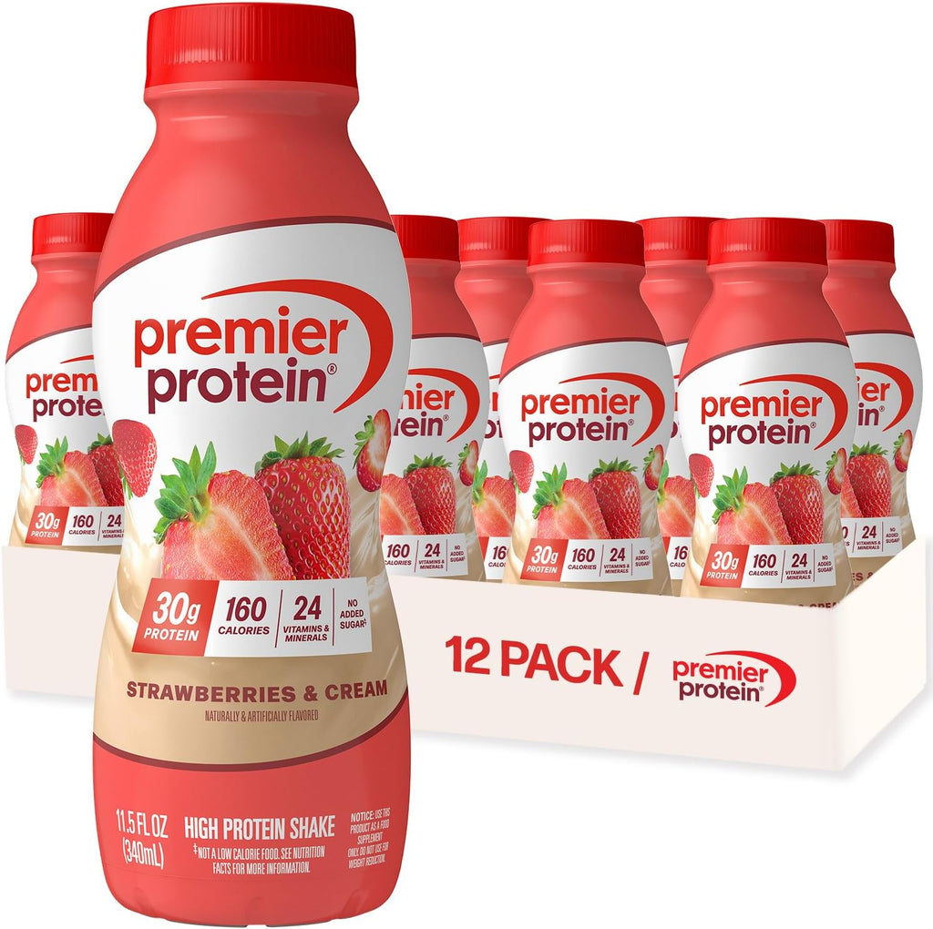 Premier Protein Shake, Strawberries & Cream, 30g Protein, No Added Sugar, 24 Vitamins & Minerals to Support Immune Health, 11.5 fl oz, 12 Pack