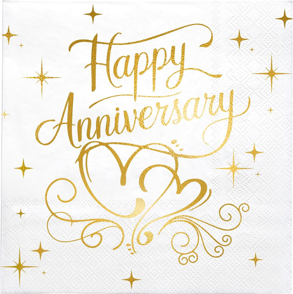 LeZakaa 25Pcs Happy Anniversary Paper Napkin, 3-Ply Gold Foil Cocktail Beverage Bar Square Disposable Napkins Guest Paper Hand Towels, Tea Party Napkins, 25th 50th Anniversary Table Decor, 5 x 5 In
